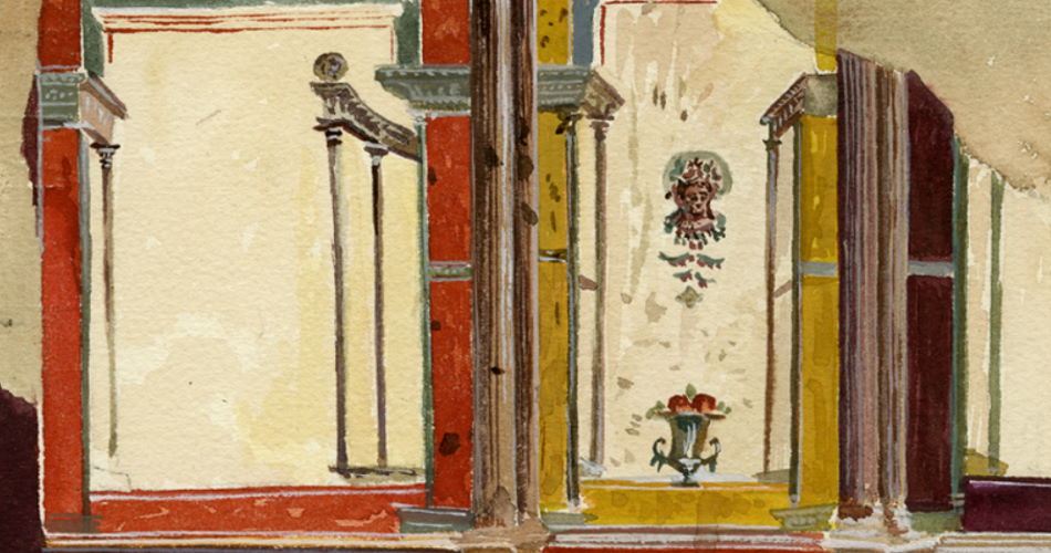 L. Cartocci, Affresco rinvenuto durante gli scavi di piazza Sidney Sonnino, acquerello, 1943 L. Cartocci, Affresco rinvenuto durante gli scavi di piazza Sidney Sonnino, acquerello, 1943