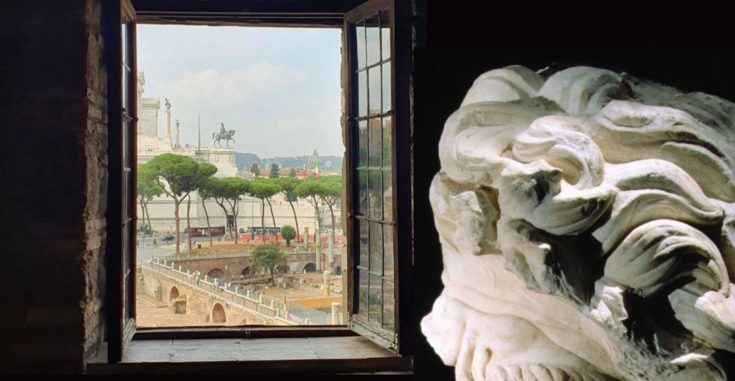 Fotocomposizione: vista dal Corpo Centrale e frammento di testa marmorea di Giove Fotocomposizione: vista dal Corpo Centrale e frammento di testa marmorea di Giove