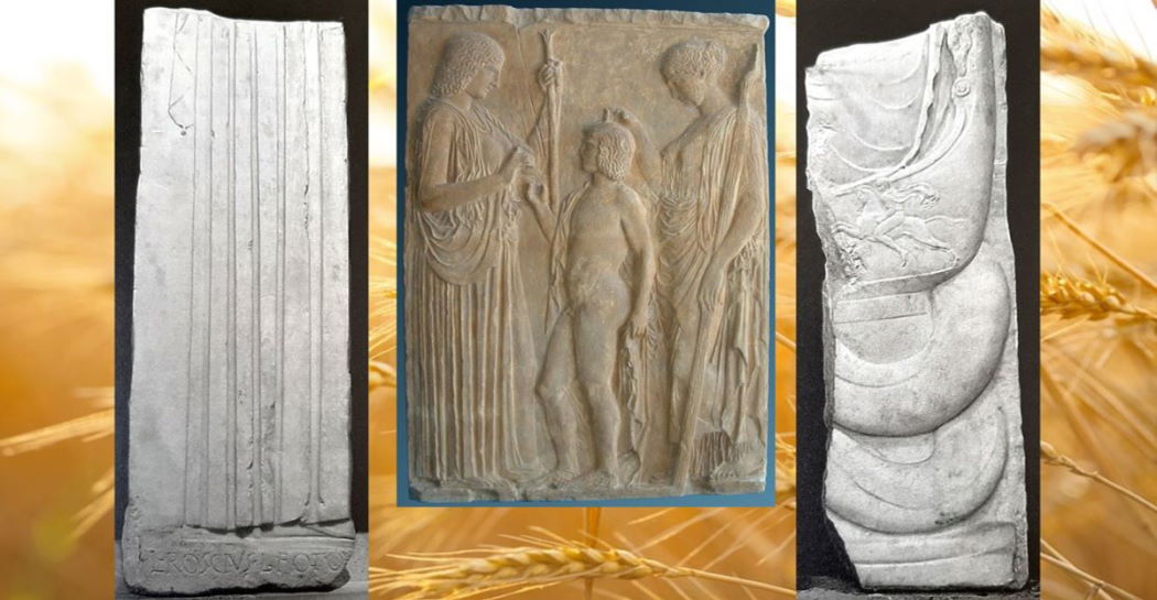 Le due facce del frammento di lastra scolpita, con iscrizione di L. Roscius, Museo Barracco; al centro: grande rilievo di Eleusi, Atene, Museo Archeologico Nazionale