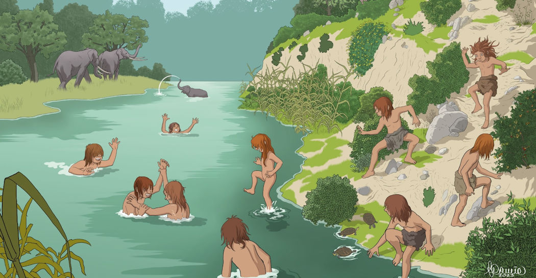 ) Illustrazione di Andrea Camic tratta dall’esposizione accessibile “Un viaggio particolare dal fiume al mare”, in cui si vedono bambini neandertaliani giocare nel fiume di Casal de’ Pazzi, circondati da fauna e flora pleistoceniche ) Illustrazione di Andrea Camic tratta dall’esposizione accessibile “Un viaggio particolare dal fiume al mare”, in cui si vedono bambini neandertaliani giocare nel fiume di Casal de’ Pazzi, circondati da fauna e flora pleistoceniche