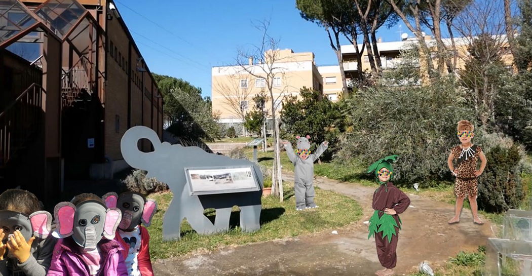 Bambini travestiti da animali, piante e uomini preistorici giocano nel giardino Pleistocenico del Museo. Bambini travestiti da animali, piante e uomini preistorici giocano nel giardino Pleistocenico del Museo.